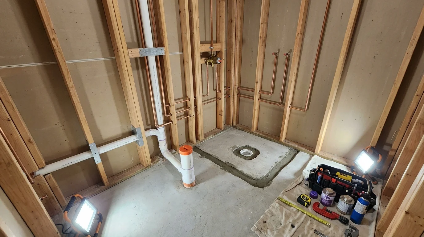 Bathroom rough-in plumbing during remodel by Johns Plumbing LLC in Enosburg Falls