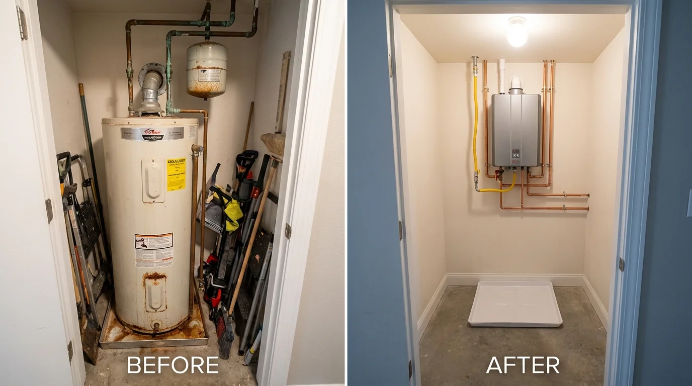Tank water heater versus wall-mounted tankless unit comparison for Enosburg Falls, VT homeowners
