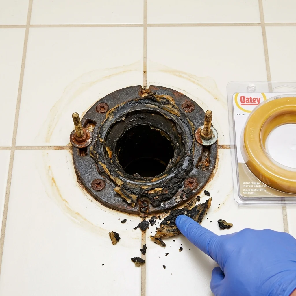 Failed wax ring showing water seepage at the base of a toilet in a Enosburg Falls, VT home