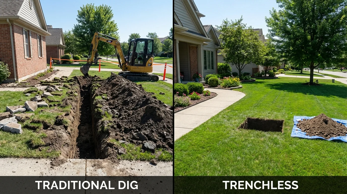 Trenchless sewer repair with minimal yard damage versus traditional excavation in Enosburg Falls, VT