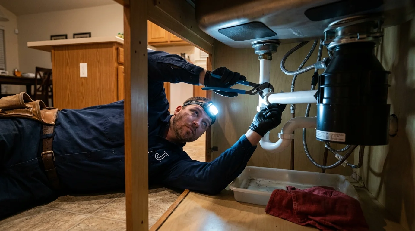 P-trap and supply line connections under a kitchen sink showing a common leak point in Enosburg Falls, VT
